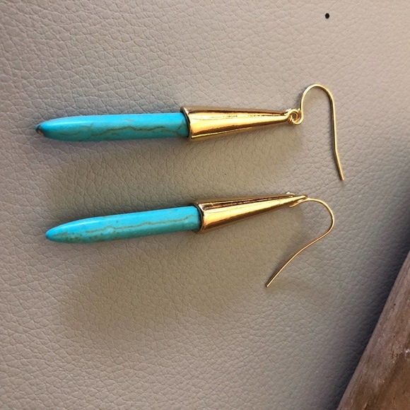 POINTED Spindle Shape Earrings in Silver Alloy and Turquoise - Picture 3 of 4